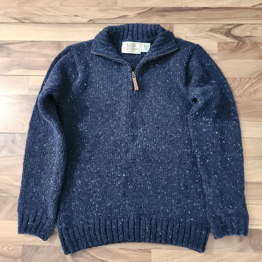 Isles Of Aran Mens Donegal Tweed Half Zip Sweater Fleck Blue 100% Wool Sz Medium